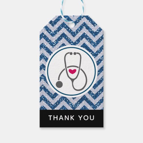 Simple Gray Stethoscope on Blue Chevron Thank You Gift Tags