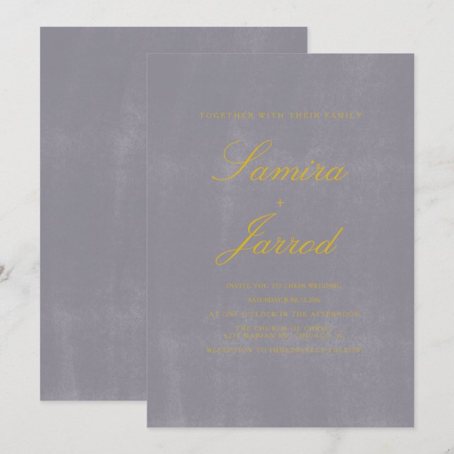 Simple Gray Stone Concrete Rustic Yellow Wedding Invitation (Front/Back)
