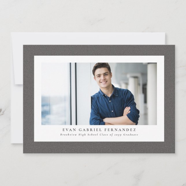 Simple gray tweed frame classic photo graduation invitation (Front)