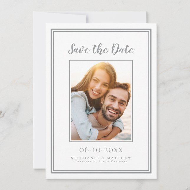 Simple Gray Wedding Engagement Picture Modern Save The Date (Front)