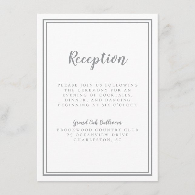 Simple Gray Wedding Reception White Frame Enclosure Card (Front)