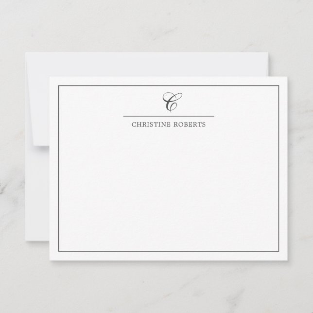 Simple Gray White Elegant Script Monogram Note Card (Front)