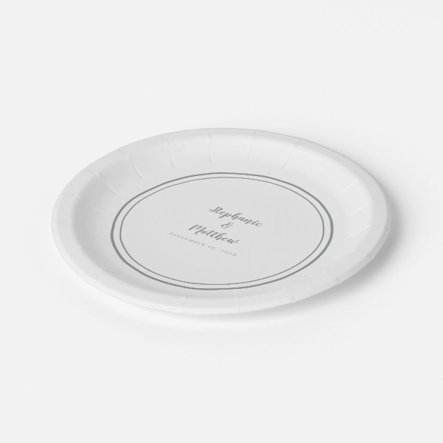 Simple Gray White Modern Wedding Engagement Party Paper Plates (Angled)