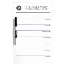 Simple Gray &amp; White Monogram Family Meal Planner Dry Erase Board