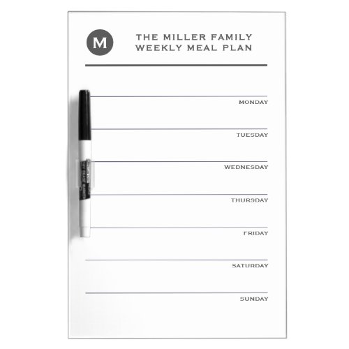 Simple Gray  White Monogram Family Meal Planner Dry Erase Board