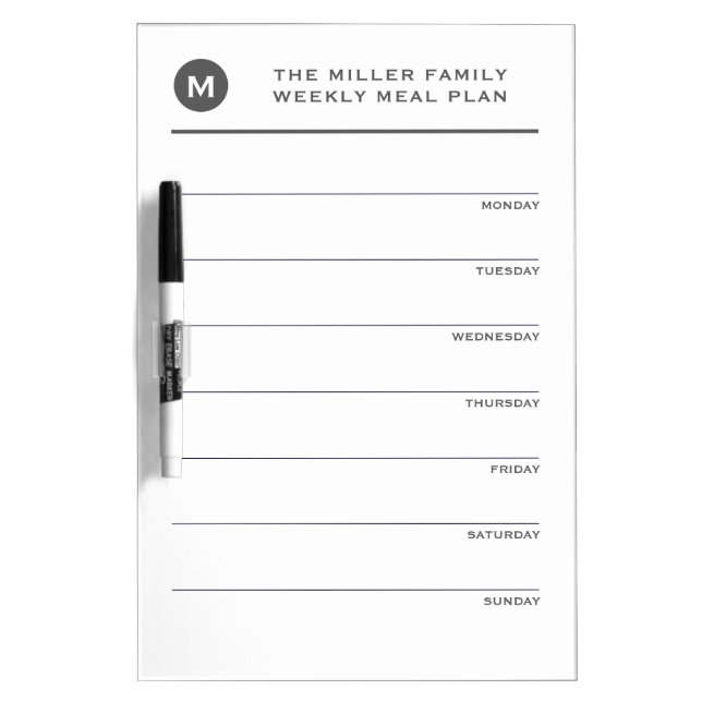 Simple Gray & White Monogram Family Meal Planner Dry Erase Board (Front)