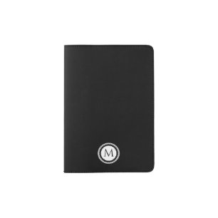 Simple Gray & White Monogram Medallion Black Passport Holder