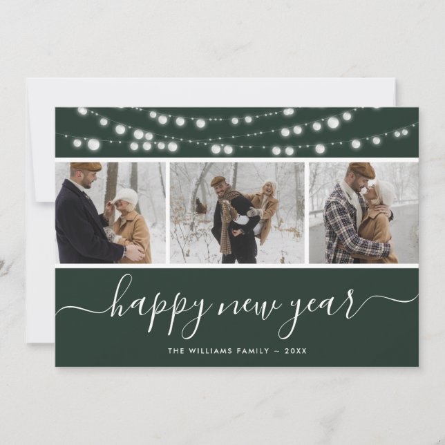 Simple Green 3 Photo Happy New Year Card (Front)