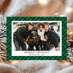 Simple Green and Black Plaid Photo Christmas Holiday Card