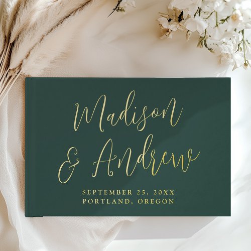 Simple Green and Gold Foil Script Photo Wedding Foil Guest Book