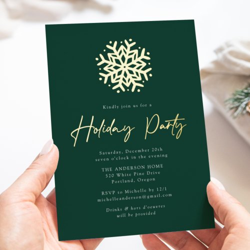 Simple Green and Gold Snowflake Holiday Party Foil Invitation
