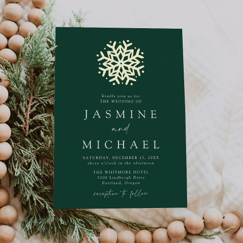 Simple Green and Gold Snowflake Wedding Foil Invitation