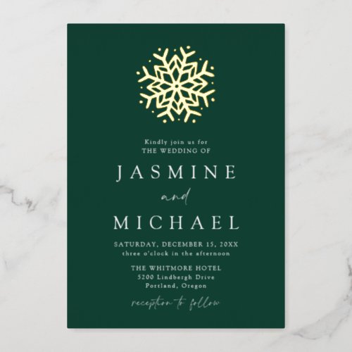 Simple Green and Gold Snowflake Wedding Foil Invitation