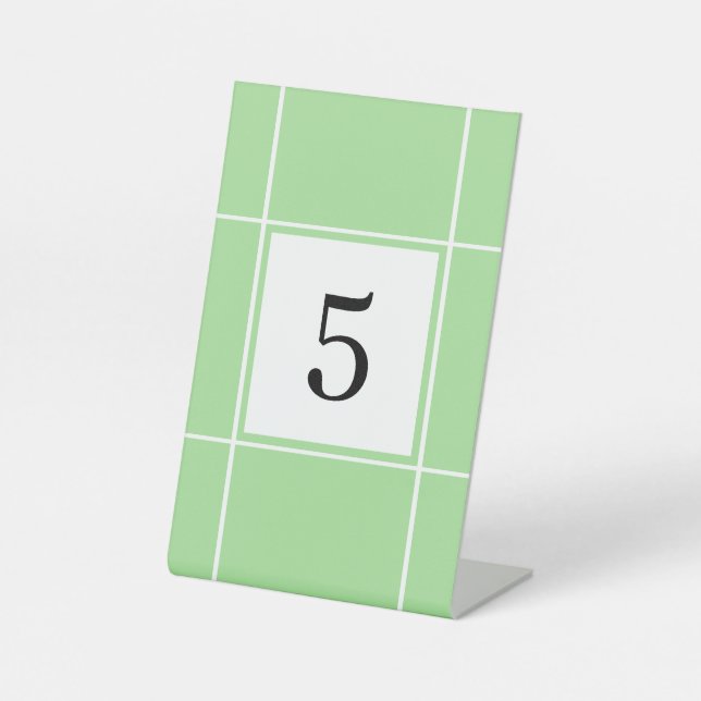 Simple Green and White Bridal Wedding Table Number Pedestal Sign (Front)