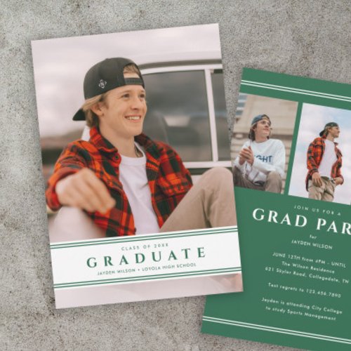 Simple Green and White Sporty Photo Graduation  Invitation