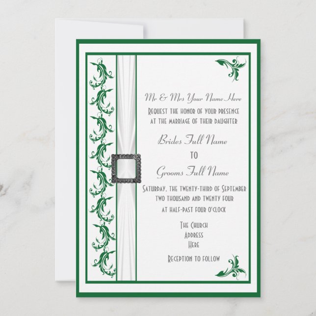 Simple green and white traditional wedding invitation (Back)