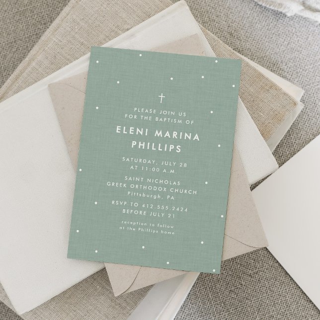 Simple green baptism invitation with white dots (Creator Uploaded)