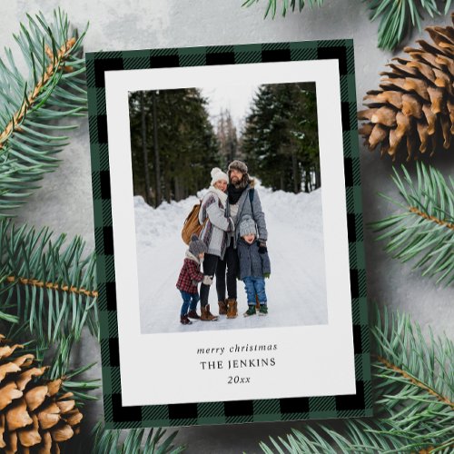 Simple Green Black Plaid Border 2 Photos Christmas Holiday Card