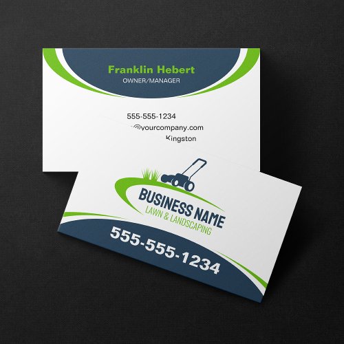 Simple Green Blue Lawn Landscaping Mowing Service Business Card