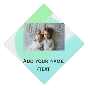 simple green blue watercolor add photo custom text graduation cap topper
