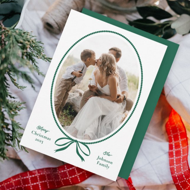 Simple Green Bow Oval Photo Christmas Holiday Card (Had drawn bow oval frame classic photo Christmas holiday cards.)