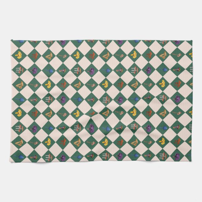 Simple green check with mushrooms kitchen towel (Horizontal)