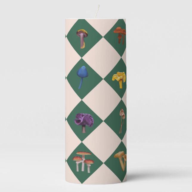 Simple green check with mushrooms pillar candle (Front)