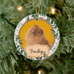simple green christmas holiday Custom Dog Photo Ceramic Ornament