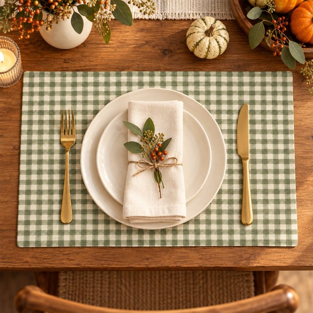 Simple Green Classic Gingham Pattern Table Cloth Placemat (Green gingham cloth placemat with timeless farmhouse charm for everyday dining.)