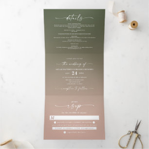 Simple Green & Dusty Blush Pink Ombre Wedding Tri-Fold Invitation