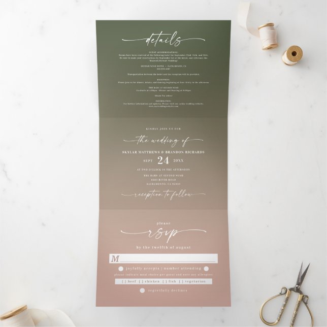 Simple Green & Dusty Blush Pink Ombre Wedding Tri-Fold Invitation (Inside)