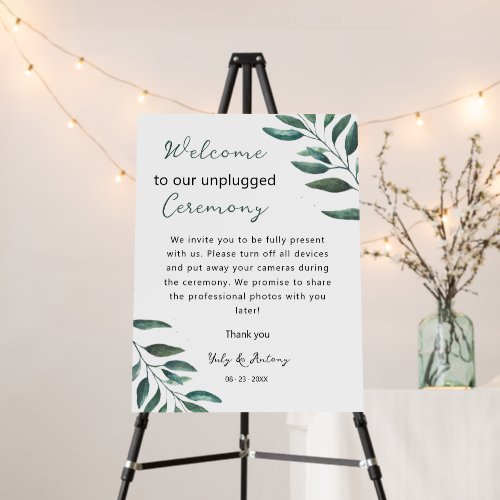 Simple Green Foliage Unplugged Ceremony Sign Board