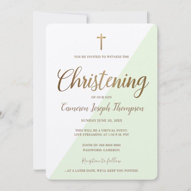 Simple Green Gold Cross Virtual Baby Christening Invitation (Front)