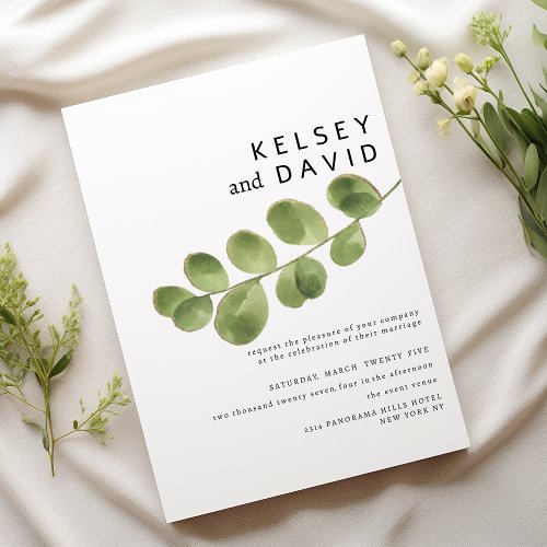 Simple green gold eucalyptus leaves wedding invitation