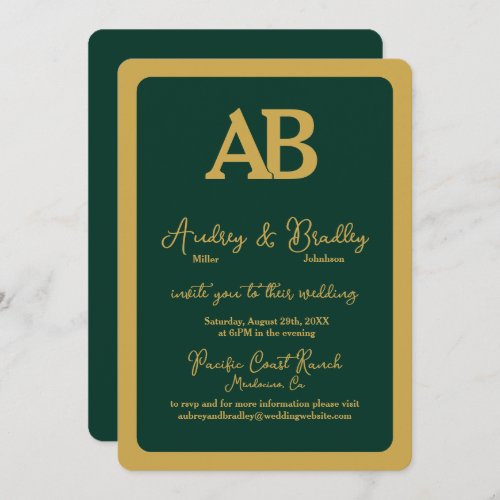 Simple Green Gold Frame 2 Letter Monogram Wedding Invitation