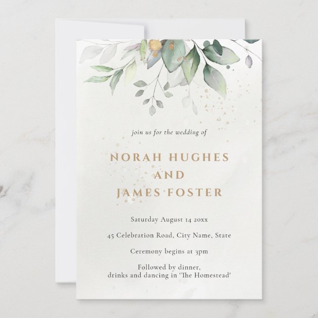 Simple Green & Gold Leaves Wedding Invitation (Front)