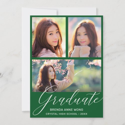 Simple Green Graduate Photo Collage White Script Announcement