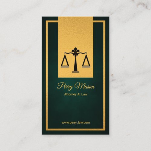 Simple Green Grunge Vertical Gold Border Lawyer Business Card