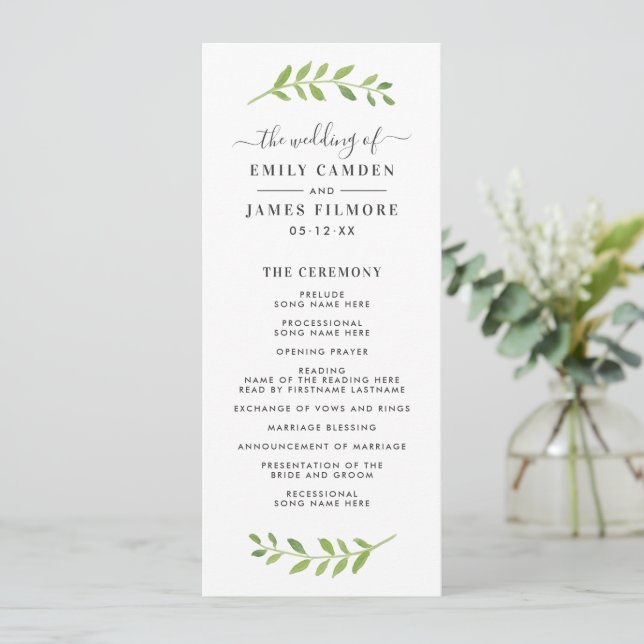 Simple Green Leaf Sprig Wedding Ceremony Program (Standing Front)