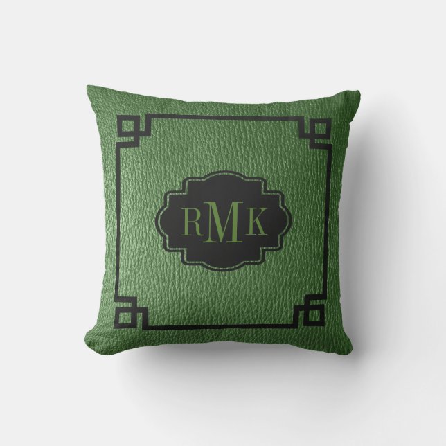 Simple Green Leather Texture Print Black Frame Outdoor Pillow (Front)