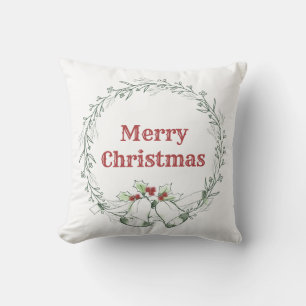 Simple Green Leaves Family Name Wreath Christmas Throw Pillow