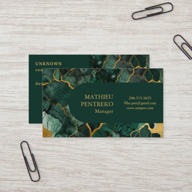 Simple Green Marble & Gold Monogram Custom Business Card (Front/Back In Situ)