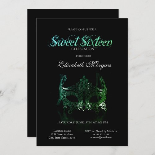Simple Green Masque Black Sweet 16 Invitation