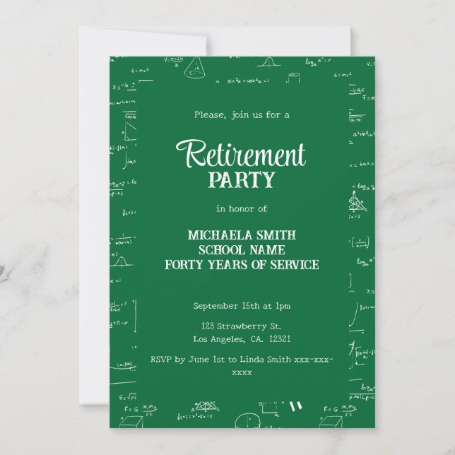 Simple Green Math Teacher Retirement Party Invitation (Front)