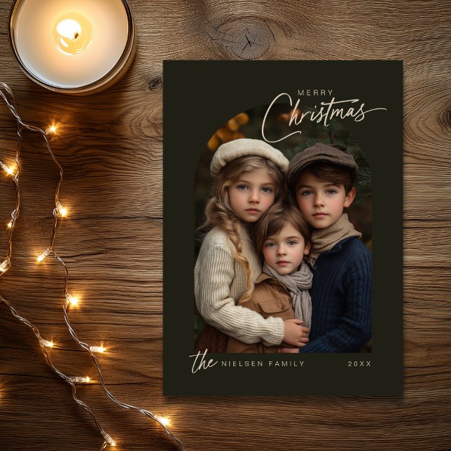 Simple Green Merry Christmas Script Photo Holiday Card (Shown on a 5" x 7" card)