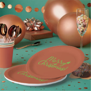 Simple Green Merry Christmas text on Reddish-Brown Paper Plates