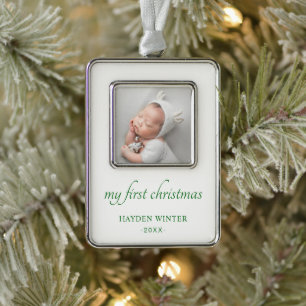 Simple Green Minimalist Photo Baby's First Christmas Ornament