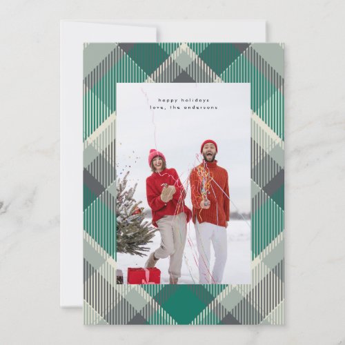 Simple Green Modern Christmas Plaid Photo Happy Holiday Card