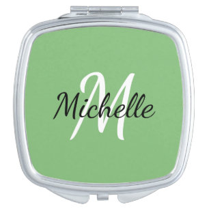 Simple Green Monogrammed Initial + Name Compact Mirror