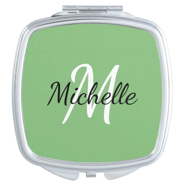 Simple Green Monogrammed Initial + Name Compact Mirror (Front)